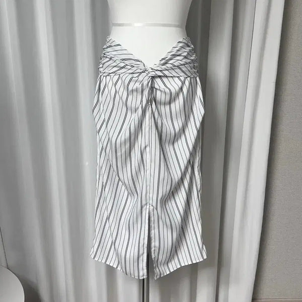 [BUNJANG] White Stripe Slit Midi Skirt (M) / 새상품) 화이트 스트라이프 트임 미디 스커트 M