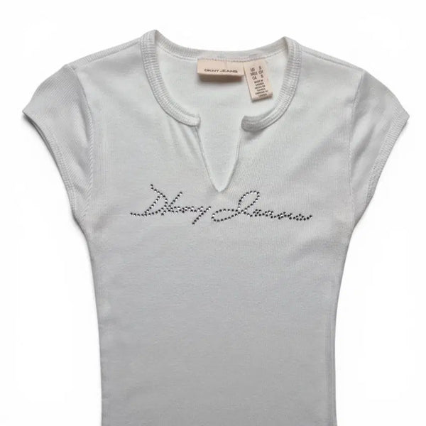 [BUNJANG] DKNY Cubic Logo Ribbed Split-Neck T-Shirt - Size S / [3일간 20%할인] [S] DKNY 큐빅로고 티셔츠