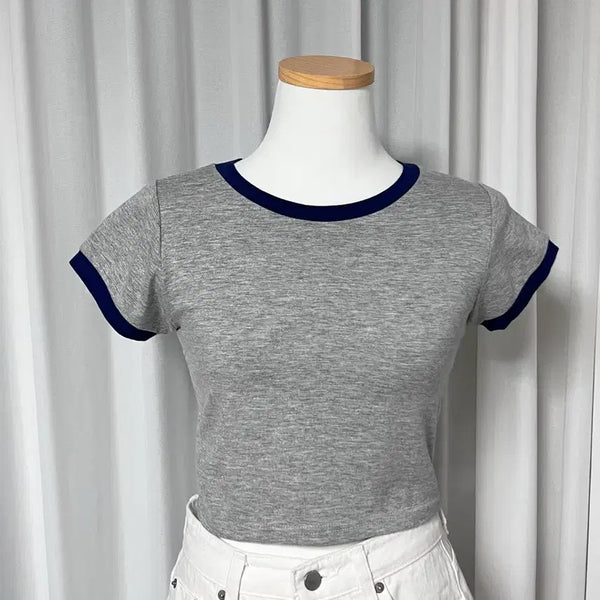 [BUNJANG] Navy Gray Color-Blocked Cropped Short-Sleeve T-Shirt / 새상품) 네이비 그레이 배색 크롭 반팔티