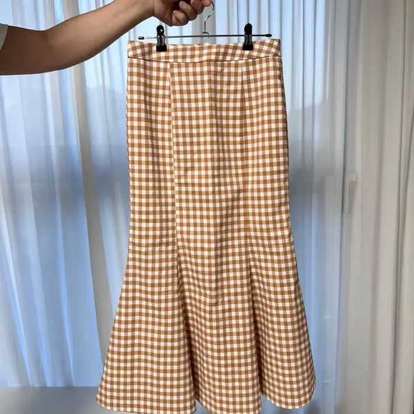 [BUNJANG] Orange Check Mermaid Long Skirt M / 새상품) 오렌지 체크 머메이드 롱 스커트 M