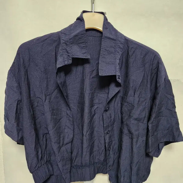 [BUNJANG] Navy Henry Neck Short Sleeve Shirt / 네이비색 헨리넥 반팔 셔츠