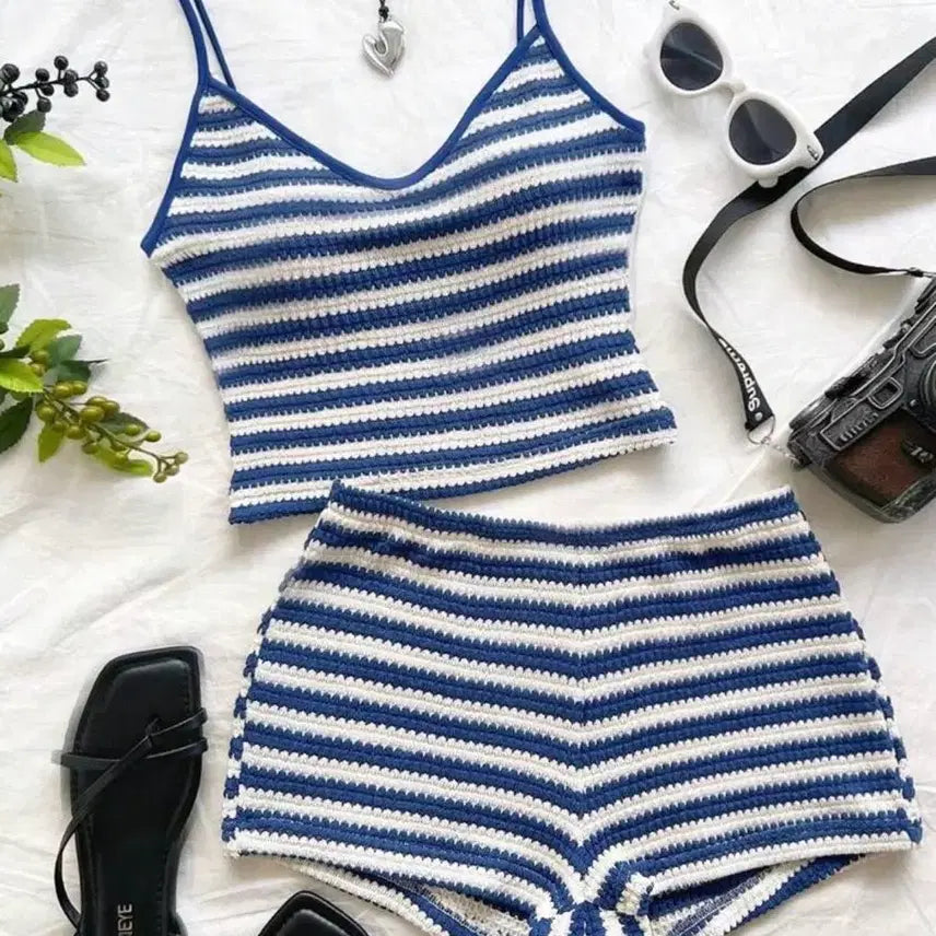 [BUNJANG] Striped Knit Sleeveless Set Beachwear / 줄무늬 니트 민소매 세트, 수영복, 해변