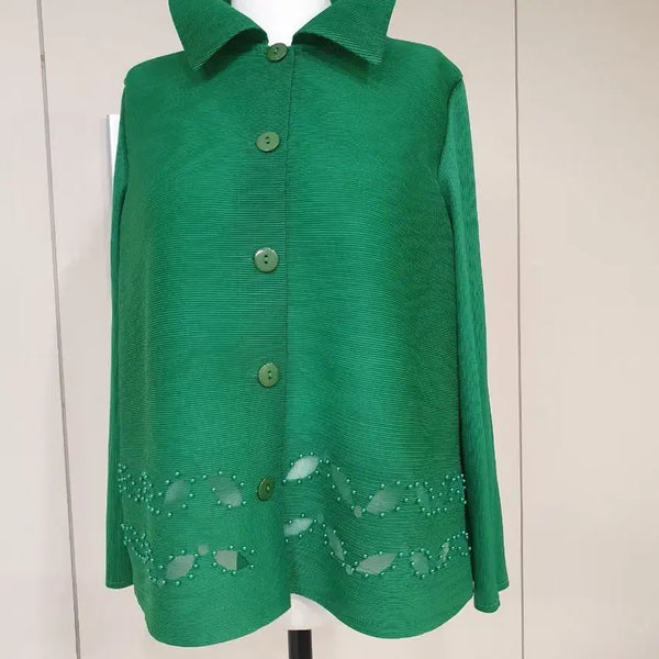 [BUNJANG] Pleated Cardigan with Green Bead Embellishments / 플리츠 가디건 그린 비즈 장식