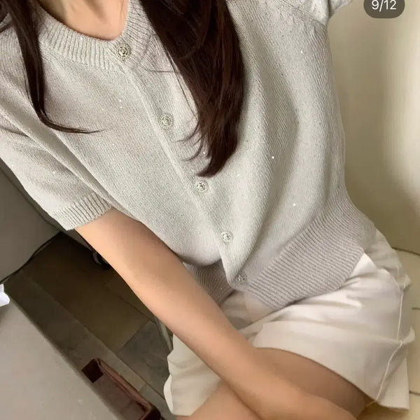 [BUNJANG] Aisle Sequin Short-Sleeve Knit Cardigan White / (새상품) (화이트 컬러) 아일 Aisle 시퀸 반팔 니트 가디건
