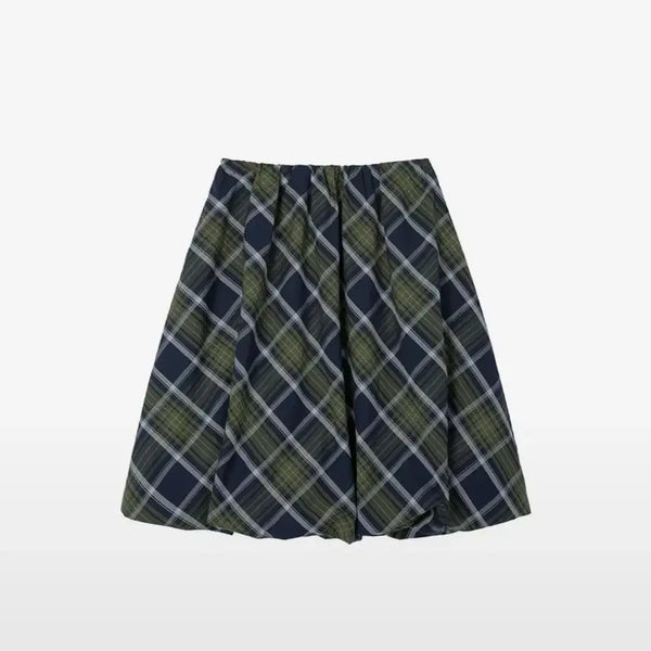 [BUNJANG] Varnishment Puff Check Midi Skirt Green / 바니쉬먼트 퍼프 체크 미디 스커트 그린