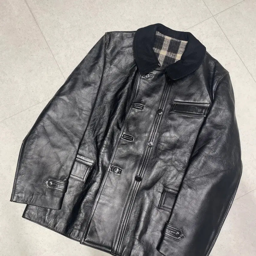 [BUNJANG] 1960s Le Corbusier Style Navy Wool Collar Leather Jacket / [100~105] 60's 르 코르뷔지에 레더 자켓