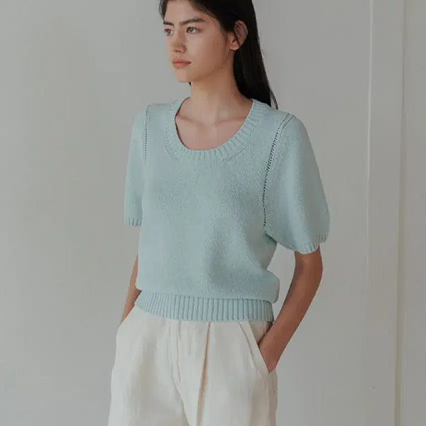 [BUNJANG] LING SEOUL Scoop Neck Boucle Knit Top - Mint (Mint) / 링서울 스쿱넥 부클 니트 탑 민트 LING seoul 여름 썸머 반팔 티셔츠 u넥