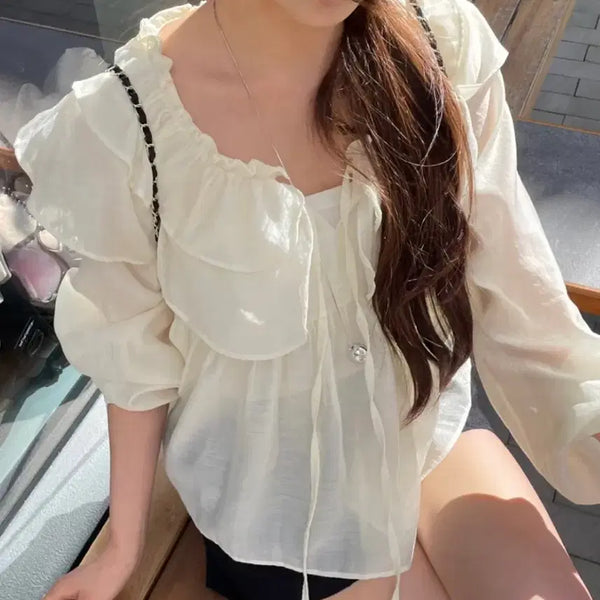 [BUNJANG] Frill See-Through Blouse / 새상품) 프릴 시스루 블라우스