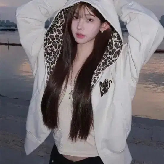 [BUNJANG] Leopard Lined Cat Ear Hoodie Zip-Up / 후드 집업 레오파트 안감 고양이귀