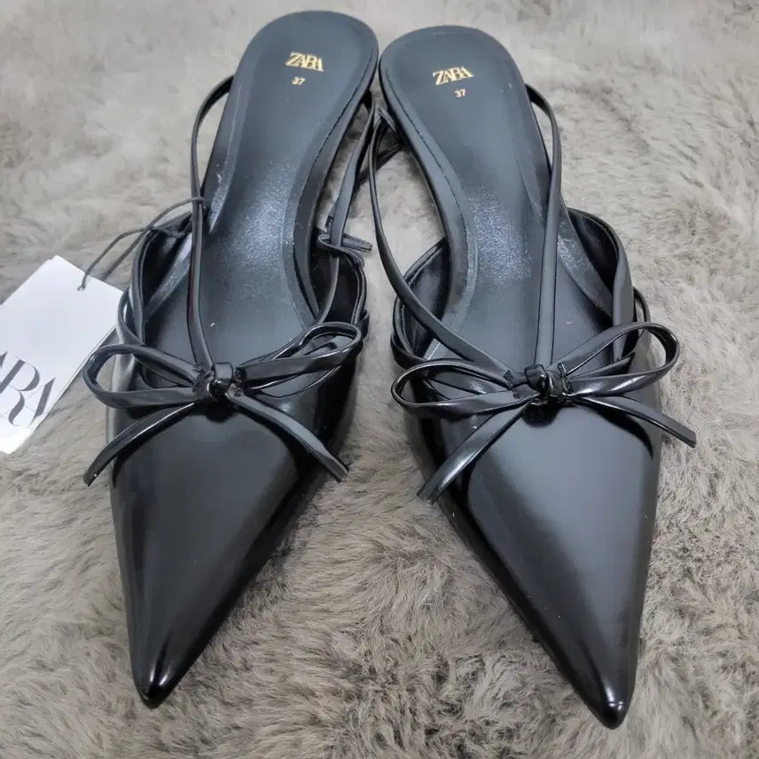 [BUNJANG] Zara Women's Black Ribbon Kitten Heel Slingback Sandals (Size 37 / 240-245) / 새상품 자라 슬링백 여자 리본 샌들 블랙 키튼힐 37 240 245