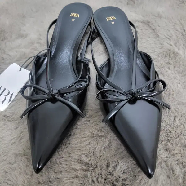 [BUNJANG] Zara Women's Black Ribbon Kitten Heel Slingback Sandals (Size 37 / 240-245) / 새상품 자라 슬링백 여자 리본 샌들 블랙 키튼힐 37 240 245