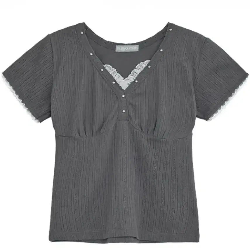 [BUNJANG] Hug Your Skin Lace Studded Top (Charcoal) / 허그유어스킨 레이스 스터드 탑(차콜)