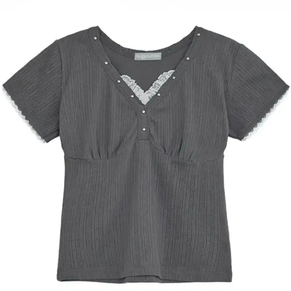 [BUNJANG] Hug Your Skin Lace Studded Top (Charcoal) / 허그유어스킨 레이스 스터드 탑(차콜)