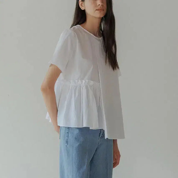 [BUNJANG] LING SEOUL Half Shirring Blouse - White / 링서울 하프 셔링 블라우스 화이트 LING seoul 바스락 코튼 반팔 흰색 셔츠
