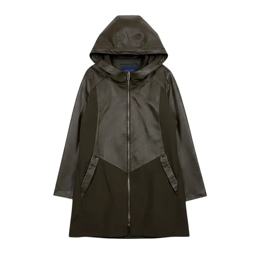 [BUNJANG] ANCIC Lambskin Colorblock Women's Hooded Zip-Up Long Jacket Khaki / (160) 안지크 양가죽배색 우먼스 후드집업 롱자켓 카키