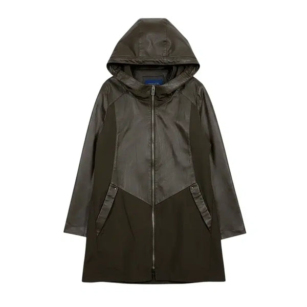 [BUNJANG] ANCIC Lambskin Colorblock Women's Hooded Zip-Up Long Jacket Khaki / (160) 안지크 양가죽배색 우먼스 후드집업 롱자켓 카키