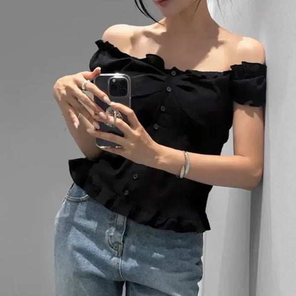 [BUNJANG] AUBRY Off-Shoulder Shirring Blouse / (방금받은새상품!!) 에이블리 오프숄더 셔링 블라우스