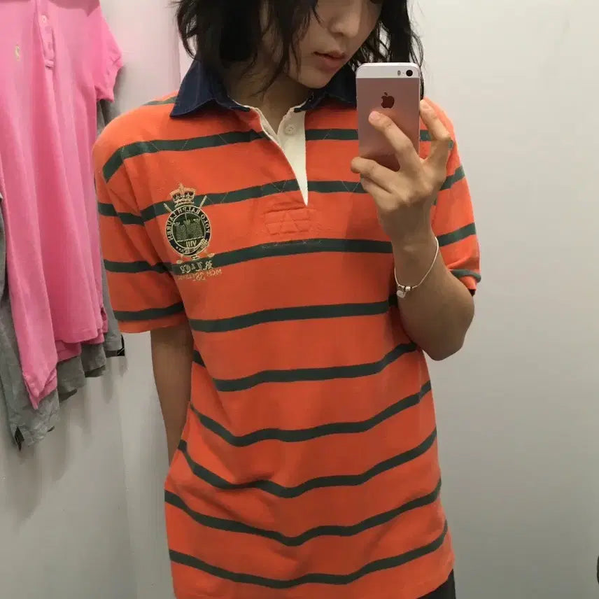 [BUNJANG] Polo Ralph Lauren Striped Collar Polo Shirt Orange / 폴로 랄프로렌 스트라이프 카라 오렌지