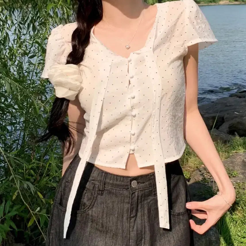 [BUNJANG] Dot Short Sleeve Blouse / 도트 반팔 블라우스