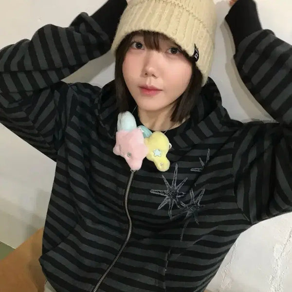 [BUNJANG] UNTITLED Seoul Starry Night Stripe Zip-Up Hoodie Black / 언타이틀 서울 스테리나잇 스트라이프 후드집업 블랙