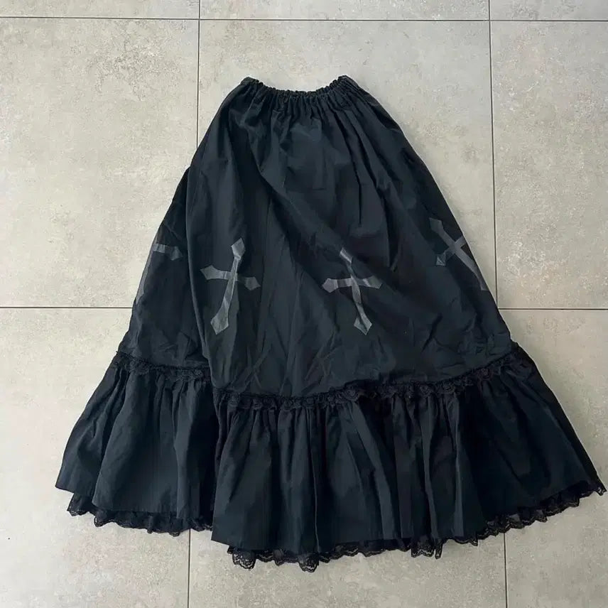 [BUNJANG] Black Cross Pattern Long Skirt / 블랙 크로스 패턴 롱 스커트 고스펑크 치마 고스로리 롱치마 지뢰계