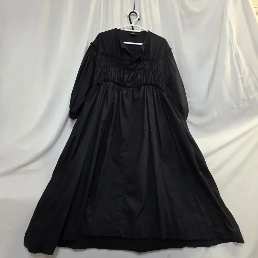 [BUNJANG] Black Shirring 5-Length Sleeve Midi Dress (Free Size) / 블랙 여성셔링 5부원피스F