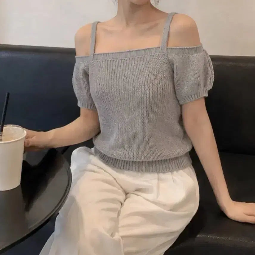 [BUNJANG] Summer Off-Shoulder Short Sleeve Knit Gray / 여름 오프숄더 반팔 니트 그레이 에이블리 데이트룩 훈녀룩 여리핏