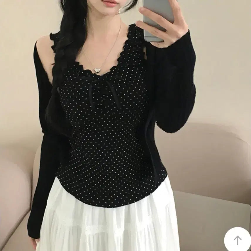 [BUNJANG] Polka Dot Ruffle Ribbon Sleeveless Top / [새상품] 도트 셔링 리본 나시