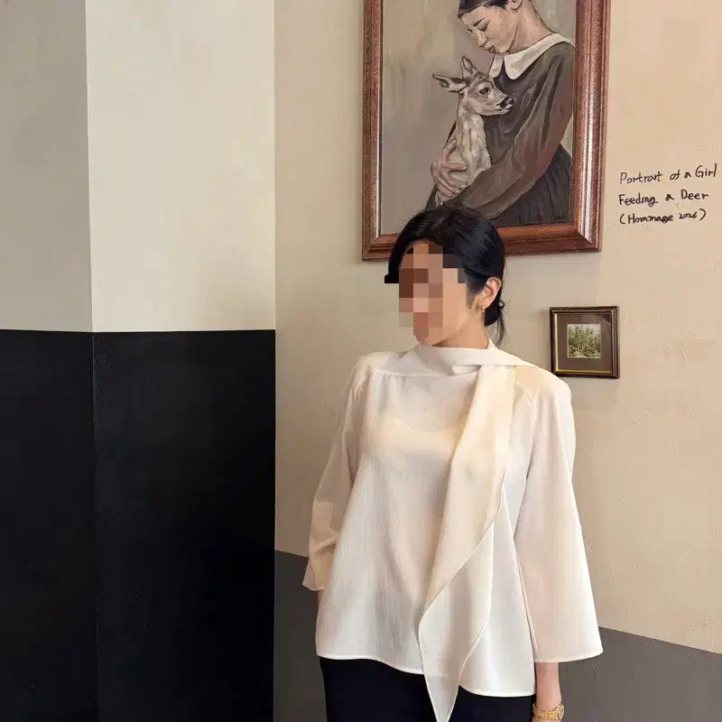 [BUNJANG] Reticella Marcel Scarf Blouse Cream / 레티첼라 자체제작 마르셀스카프블라우스 크림 1회착용