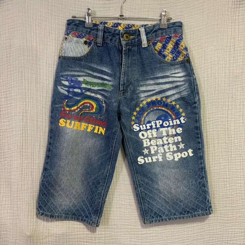[BUNJANG] Japanese Vintage CLONE DEVGRU DESIGN Y2K Graphic Denim Half Pants (M) / 일본 빈티지 CLONE DEVGRU DESIGN Y2K 그래픽 데님 하프팬츠 (M)