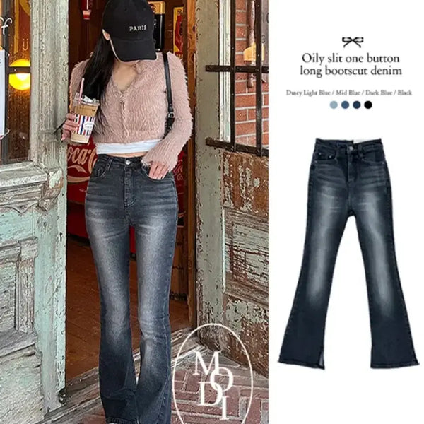 [BUNJANG] ModiFit Oily Slit One-Button Long Bootcut Denim Pants Dark Blue M / (새상품, 택O) 모디핏 오일리 슬릿 원버튼 롱부츠컷 데님pt 진청 M