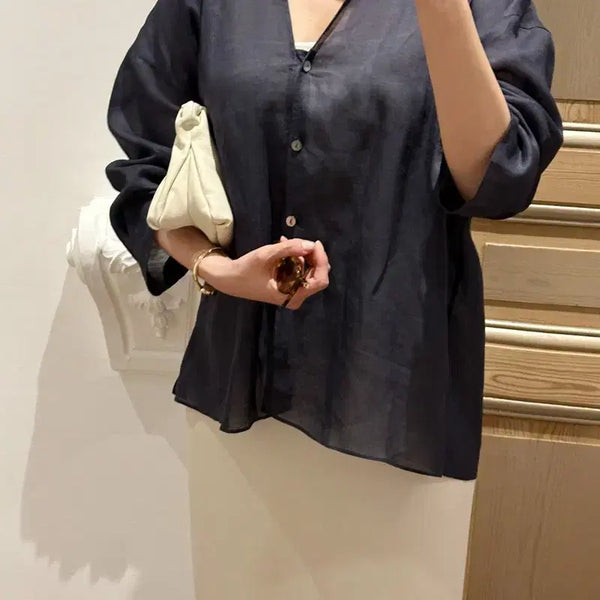 [BUNJANG] Reticella Handmade V-Neck Linen Blouse / 레티첼라 자체제작 로에v넥 린넨블라우스 1회착용
