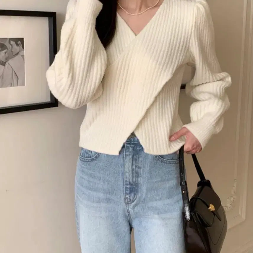 [BUNJANG] Attirance Diagonal Wrap Wool Knit (Ivory) / 새상품) 아뜨랑스 사선 랩 울 니트(아이보리)