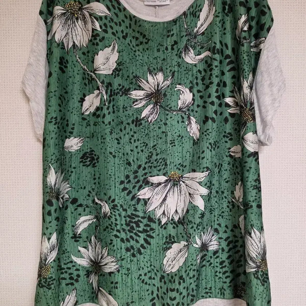 [BUNJANG] Zara Floral Pattern Green T-Shirt L / ZARA 플라워 패턴 초록티셔츠 L