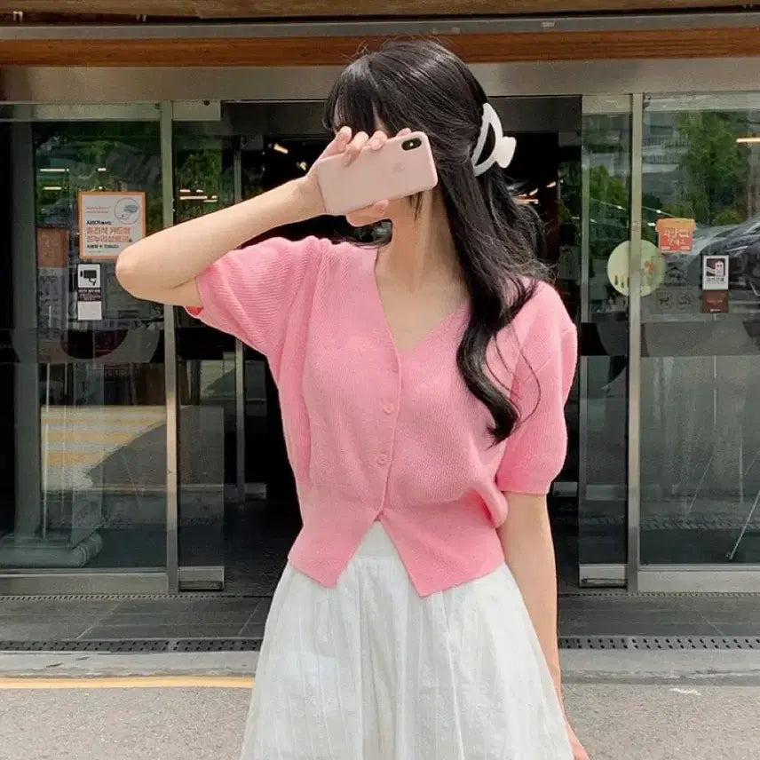 [BUNJANG] Attirance V-Neck Long Sleeve Knit Cardigan Light Pink / 에이블리 아뜨랑스 브이넥 긴팔 니트가디건 라이트 핑크