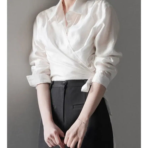 [BUNJANG] uur Trimming Wrap Blouse (Satin Ivory) / uur 유유알 트리밍 랩 블라우스 (새틴아이보리)