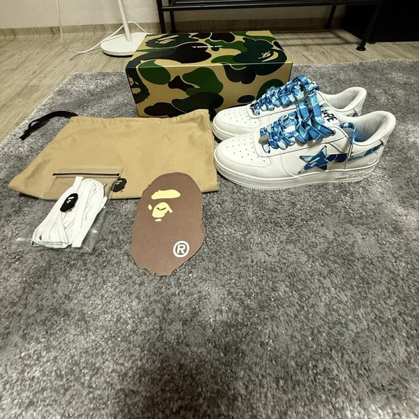 [BUNJANG] BAPE Camo Star Sneakers White Blue / 베이프 카모 스타 스니커즈 화이트 블루