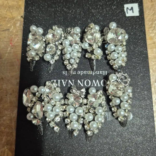 [BUNJANG] Pearl Full Stone Medium Nail Tips / 진주 풀파츠 네일팁 미듐