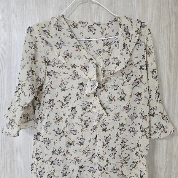[BUNJANG] Women's Chiffon Floral Pattern Blouse with Frills / 블라우스 여성 쉬폰 플라워 패턴 프릴 블라우스