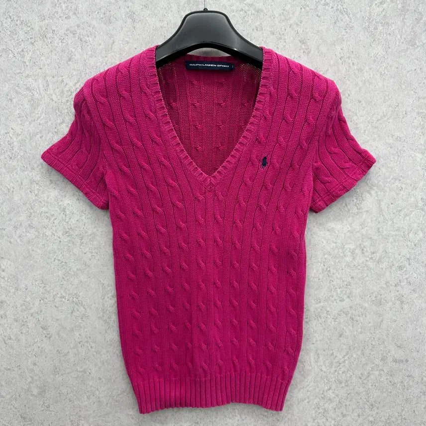 [BUNJANG] Polo Ralph Lauren Women's Custom Short Sleeve Cable Knit V-Neck Sweater / 90 폴로 랄프로렌 여자 커스텀 반팔 꽈배기 브이넥 니트
