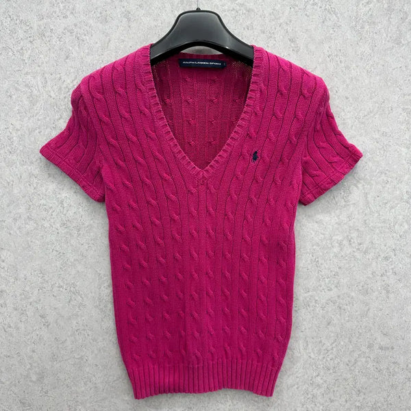 [BUNJANG] Polo Ralph Lauren Women's Custom Short Sleeve Cable Knit V-Neck Sweater / 90 폴로 랄프로렌 여자 커스텀 반팔 꽈배기 브이넥 니트