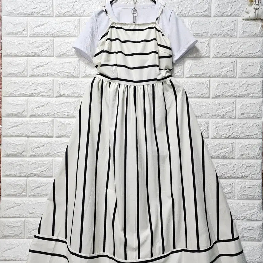 [BUNJANG] Chic Stripe Maxi Dress Set with Ribbon Detail / 멋스런 롱원피스