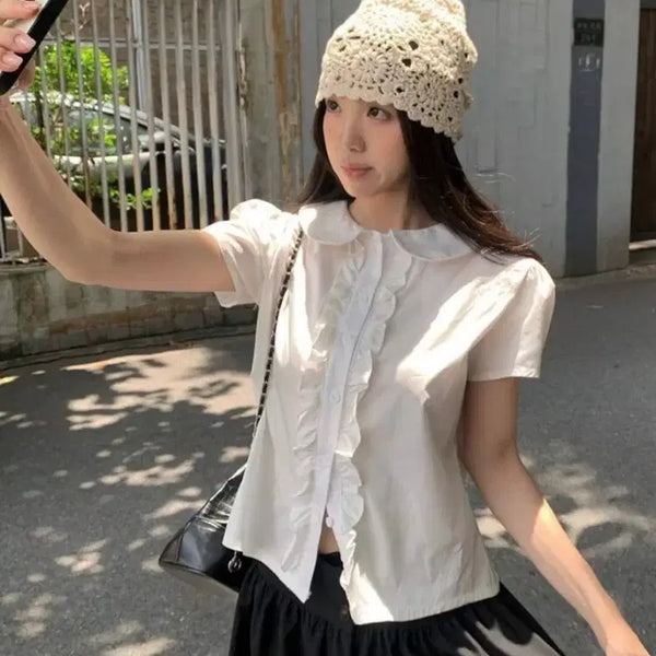 [BUNJANG] Lace Frill Blouse & A-Line Midi Skirt Set / 블라우스+스커트)) 레이스 비니 프릴 블라우스 모리걸감성 반팔 여름 화이트 그레이 A라인 미디 플레어 스커트 회색 y2k 빈티지 코디세트코디셋 데일리하이웨스트