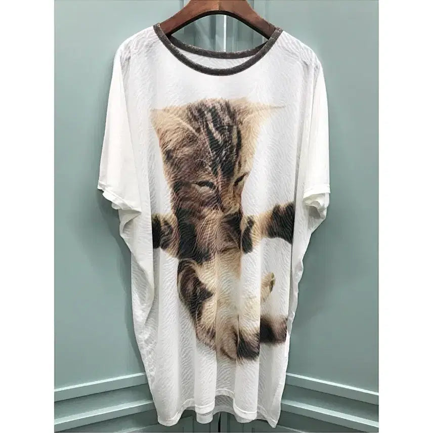 [BUNJANG] Baby Cat Jacquard Loose Fit Long T-Shirt / 아기 고양이 캣 자카드 루즈핏 롱 티셔츠