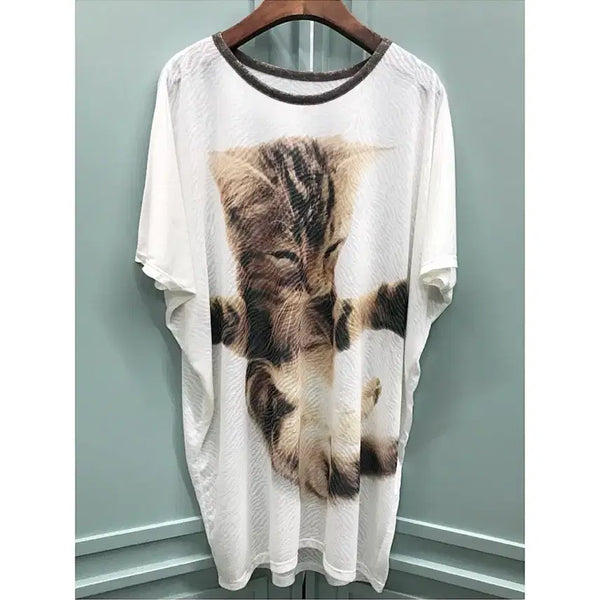 [BUNJANG] Baby Cat Jacquard Loose Fit Long T-Shirt / 아기 고양이 캣 자카드 루즈핏 롱 티셔츠