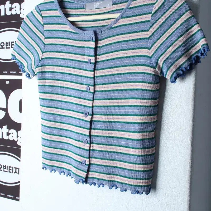 [BUNJANG] 8seconds Striped Knit Zip-up T-shirt / W(F) 에잇세컨즈 반팔 티셔츠 니트집업 스트라이프 키치-H35653