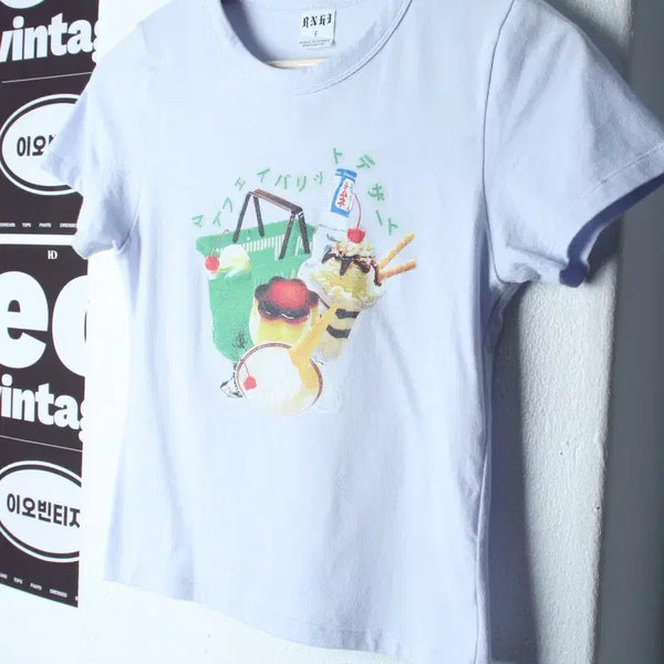 [BUNJANG] Brand Vintage Printing T-Shirt Light Blue Crop / W(F) 브랜드빈티지 반팔 티셔츠 프린팅 연블루 크롭 키치-H35658