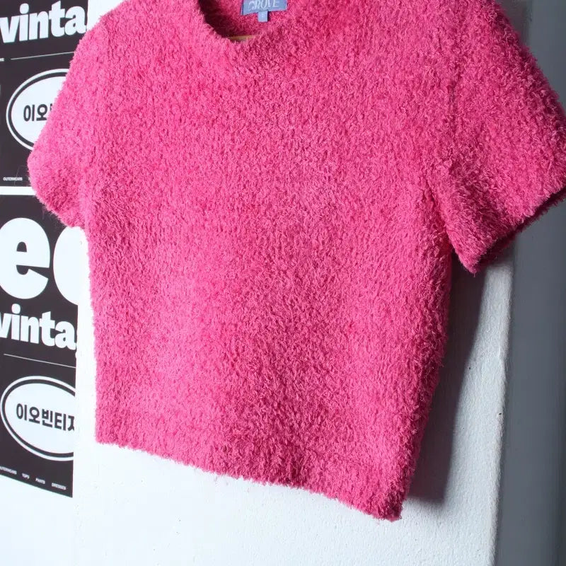 [BUNJANG] W Grove Cropped Fleece T-Shirt Pink H35659 / W(F) 그로브 반팔 티셔츠 플리스 핑크 크롭 키치-H35659