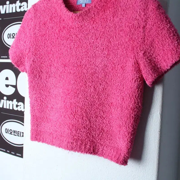 [BUNJANG] W Grove Cropped Fleece T-Shirt Pink H35659 / W(F) 그로브 반팔 티셔츠 플리스 핑크 크롭 키치-H35659