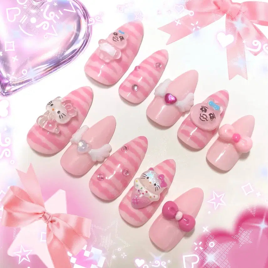 [BUNJANG] Handmade Hello Kitty & Oppanchew Nail Tips - Strawberry Milk Pink, Gyaru & Teen Style / (빠른배송)딸기우유 갸루 헬로키티 오빤쮸 수제네일팁 빤쮸토끼 산리오 공주 하이틴